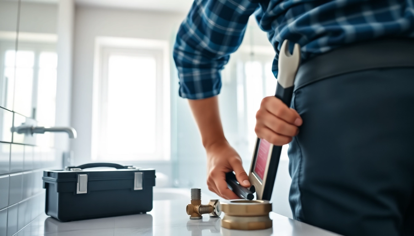 Find a plumber near me fixing leaks in a bright, modern bathroom setting.