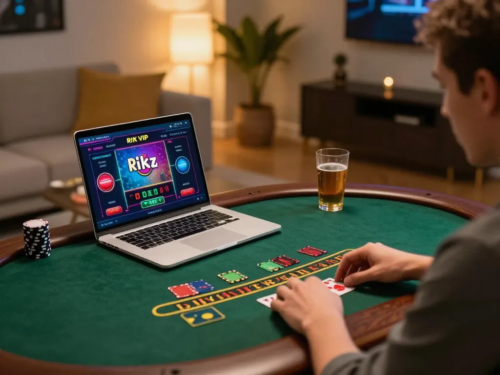 Player winning at rik vip online casino game on a laptop, showcasing excitement and immersive gameplay