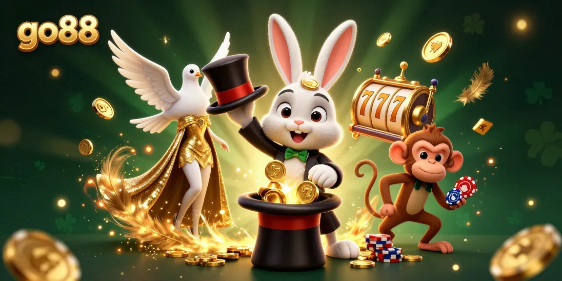 Win big with go88 as a 3D cartoon magician rabbit pulls golden coins in a vibrant casino scene.