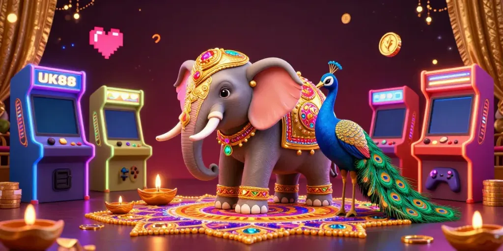 Experience the excitement of UK88 casino gaming with a vibrant 3D elephant and peacock illustration.