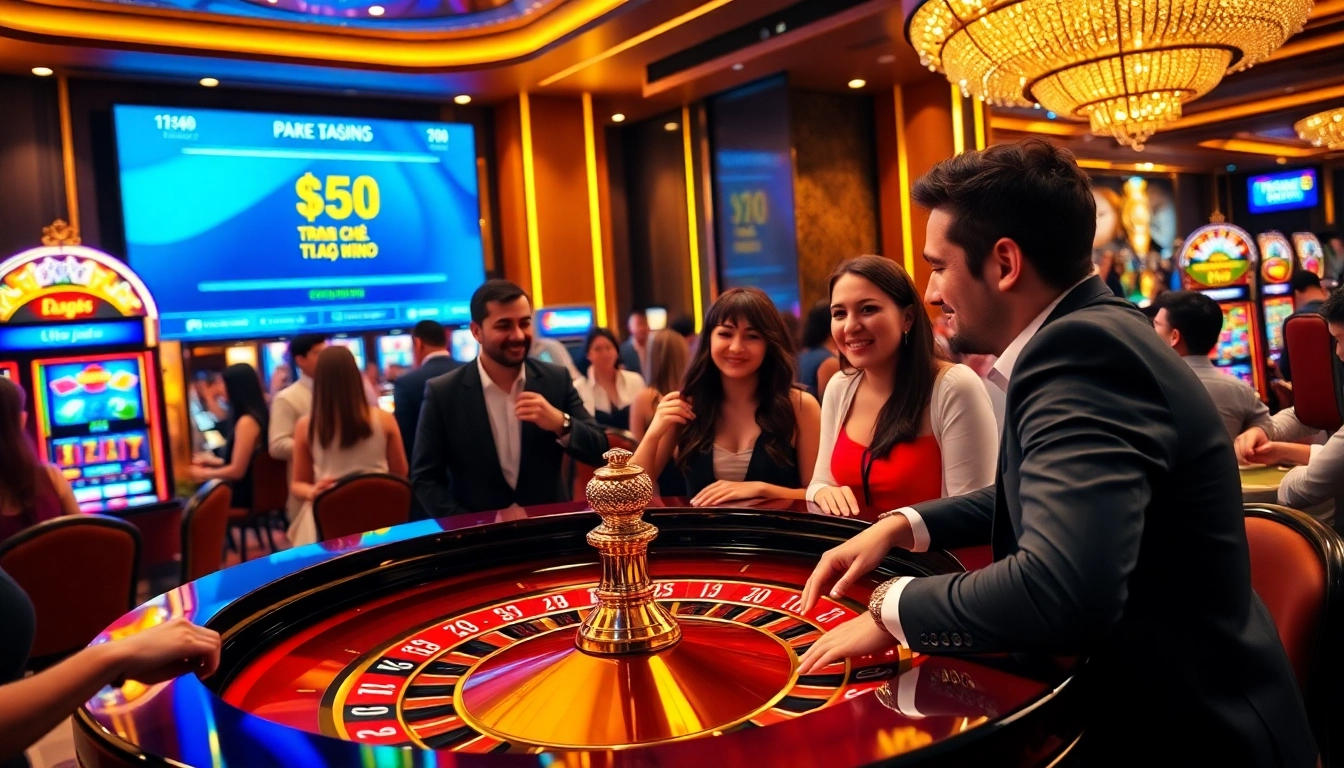Exciting gambling scene at a luxury casino featuring players at the trang chủ go8 roulette table.