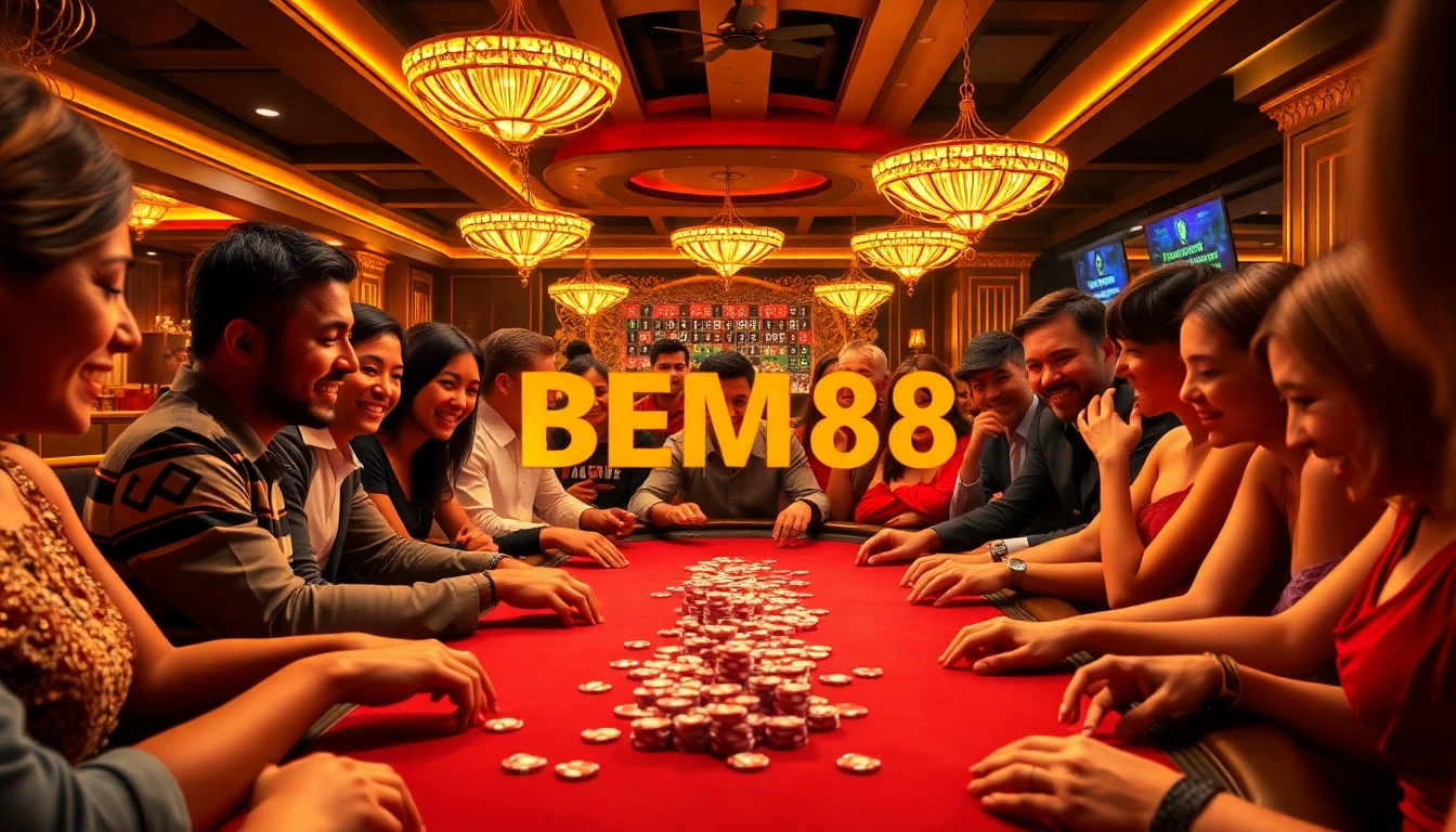 BEM88 players enjoying an exciting poker game at a luxurious casino table.