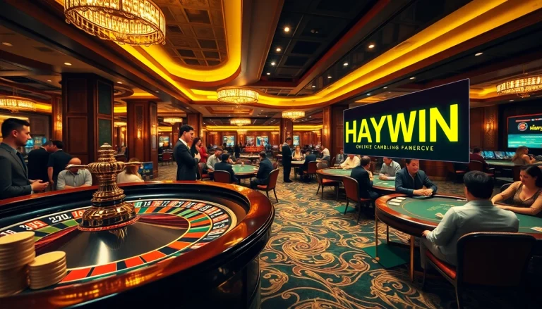 Exciting casino scene with HAYWIN branding, featuring roulette and poker tables.