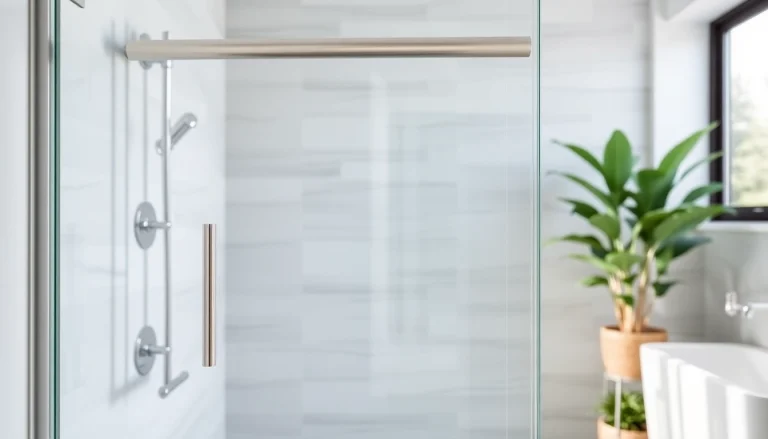 Showcase a modern shower screen door featuring sleek design in a bright bathroom setting.