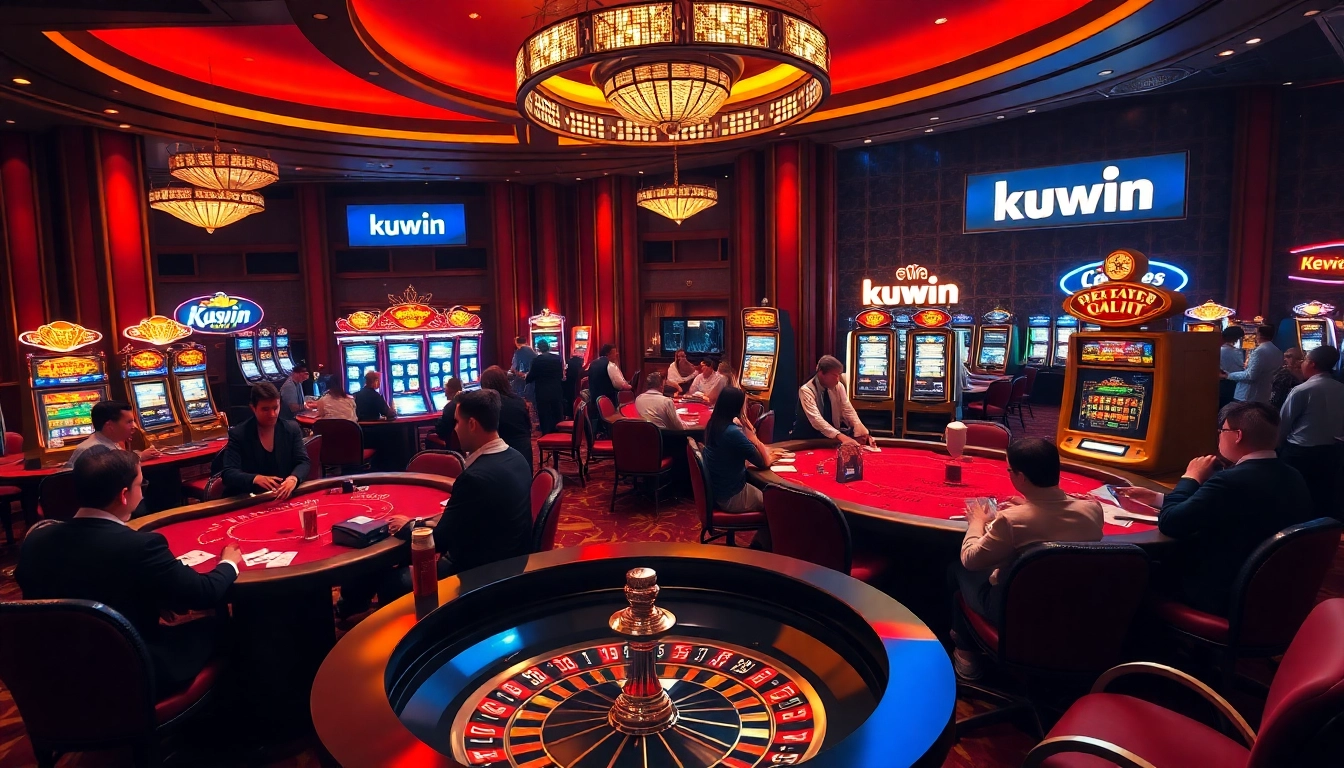 Kuwin casino excitement with tables, cards, chips, and vibrant slot machines in action.