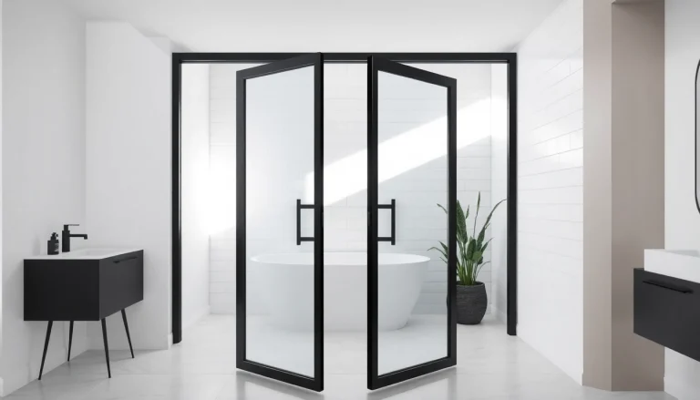Admire black frame shower doors adding elegance to a modern bathroom design.