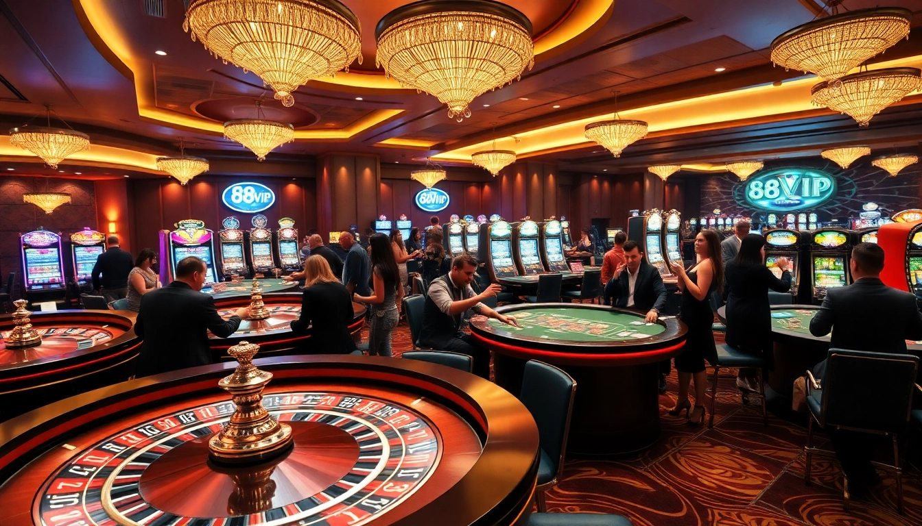 Excited players enjoying thrilling casino games at 68VIP with vibrant tables and elegant atmosphere.
