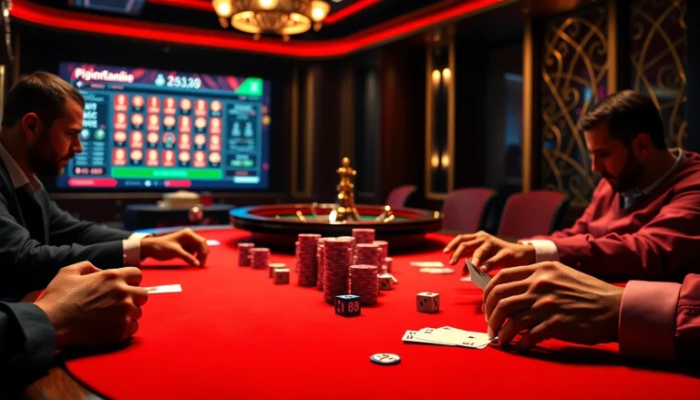 Experience the thrill of B8 casino gaming with vibrant poker tables and roulette wheels.