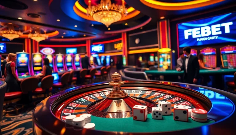 Experience thrilling gameplay at FEBET with vibrant casino elements including roulette and slot machines.