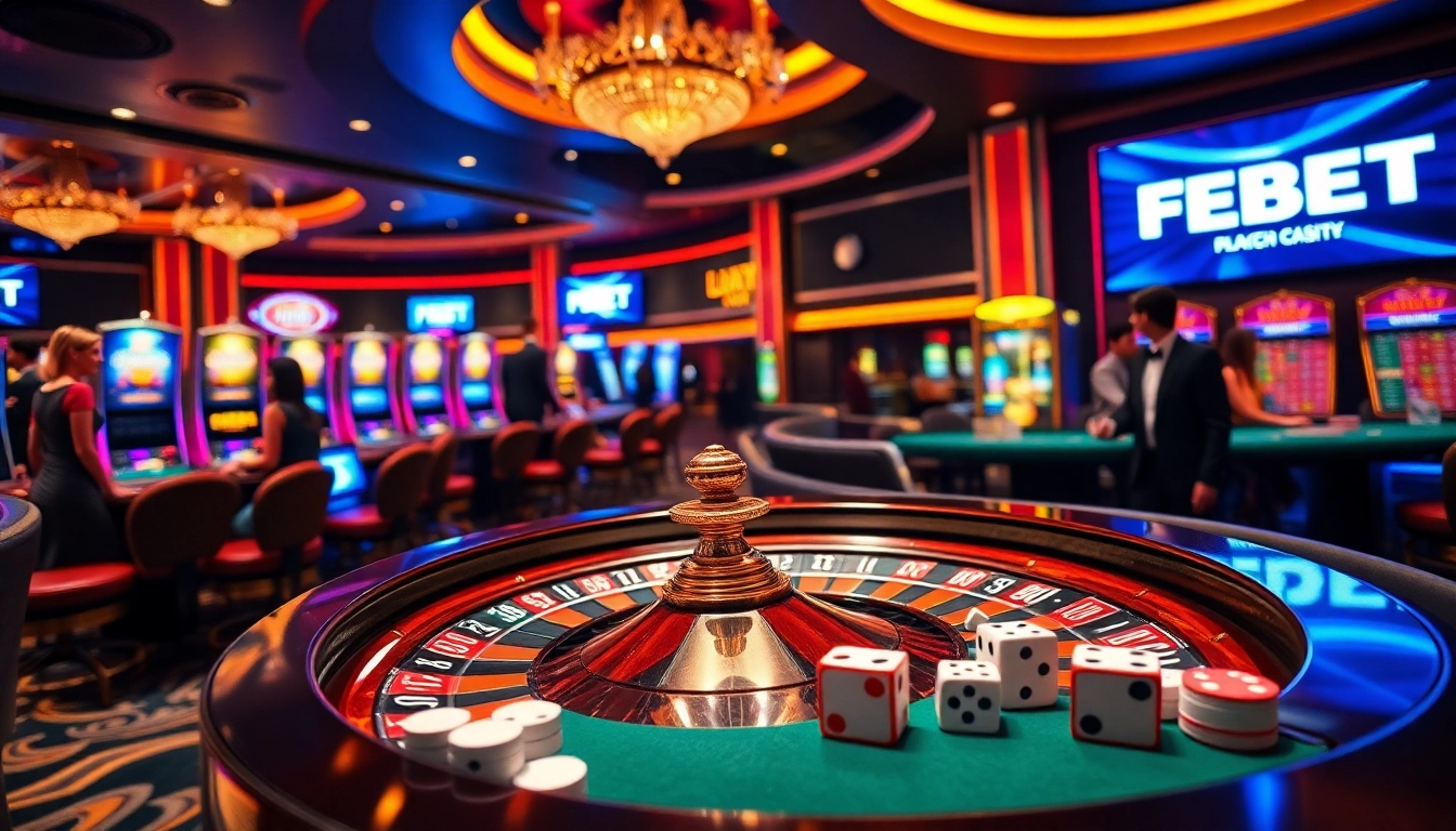 Experience thrilling gameplay at FEBET with vibrant casino elements including roulette and slot machines.
