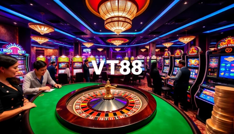 Players engaging enthusiastically with VT88-themed roulette at a glamorous casino.