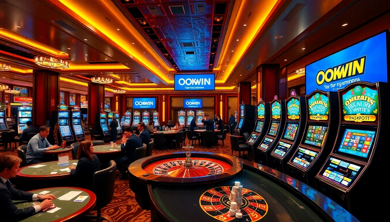 Players enjoying gaming excitement at OKWIN casino with poker tables and slot machines.