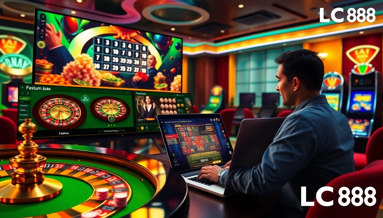 High-stakes gaming at LC 88 showcasing roulette and poker excitement in a vibrant casino
