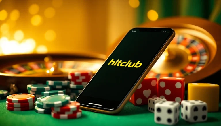 Engage in thrilling online gaming as you tải hitclub on your smartphone amidst vibrant casino elements.