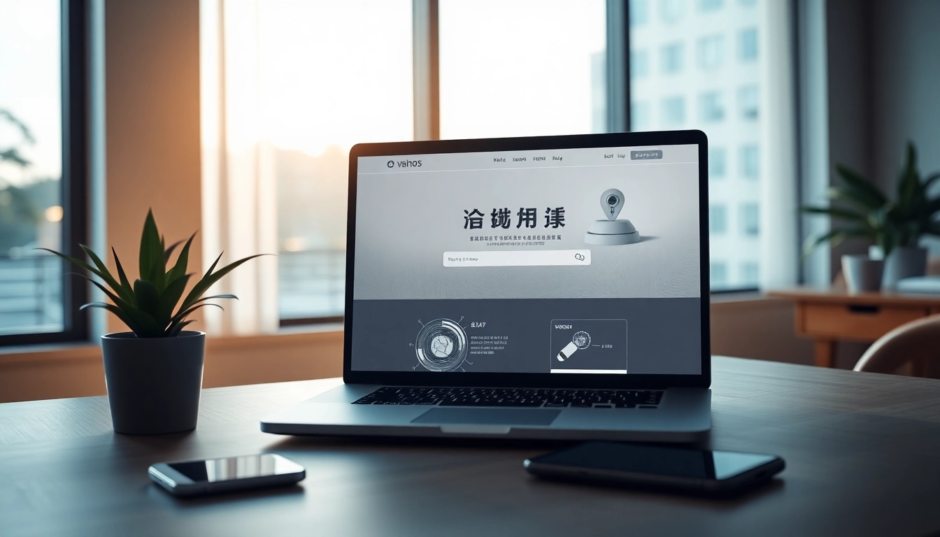 在现代工作空间的笔记本电脑上显示的快连官网，光线宜人。