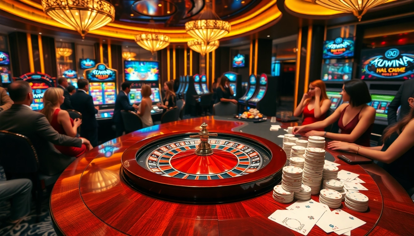 Enthralling gameplay at kuwin02 with roulette, vibrant slot machines, and poker chips.