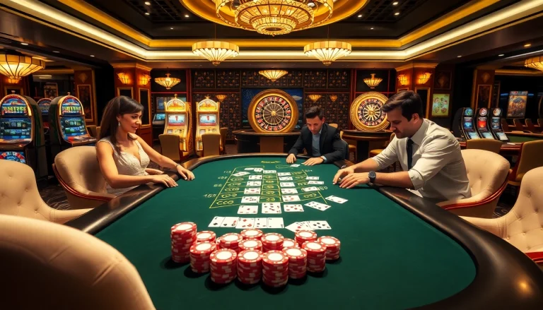 Engage in a thrilling poker game scene representing https://f8bet.me/ with vibrant colors and a luxurious casino atmosphere.