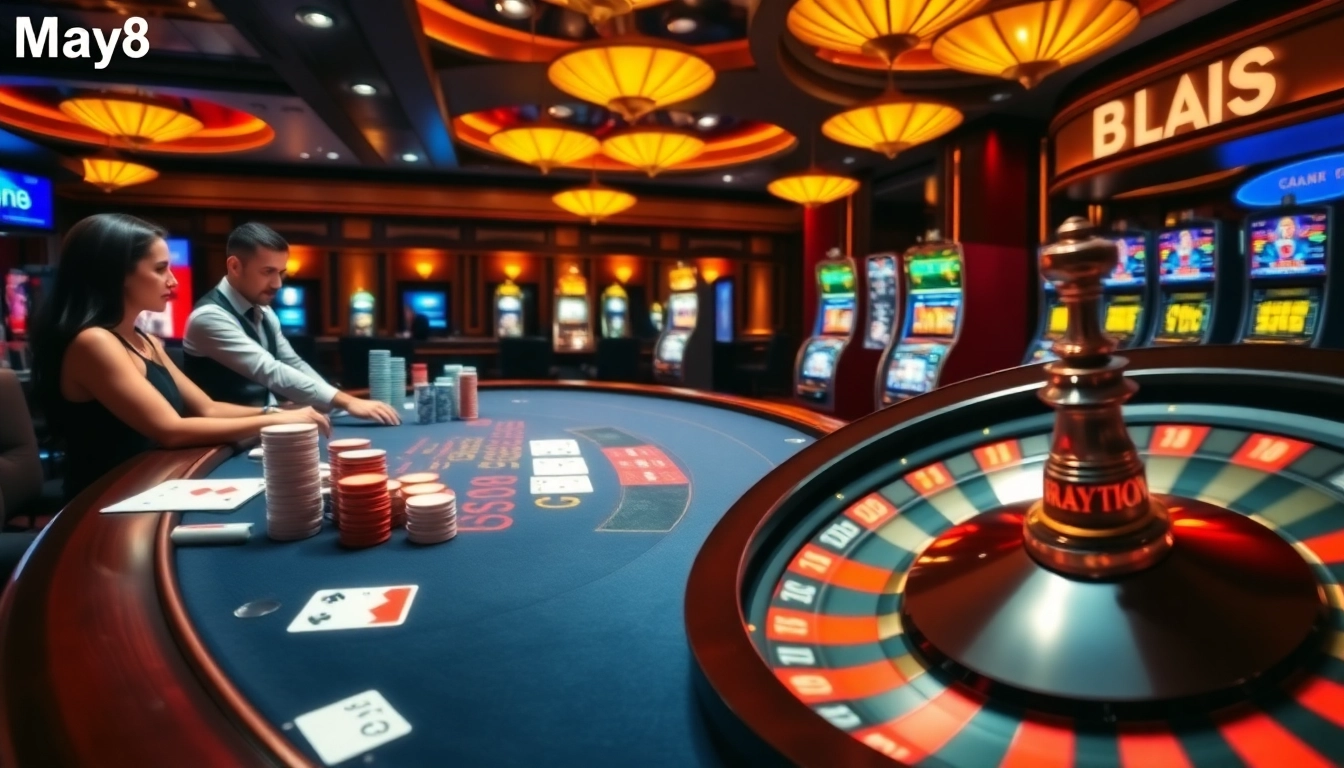 Players enjoying blackjack at a luxurious casino, showcasing https://may88.click/ gaming excellence and excitement.
