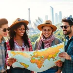 Group of travelers engaged with Round the world destinations map, exploring diverse locations.