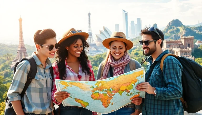 Group of travelers engaged with Round the world destinations map, exploring diverse locations.