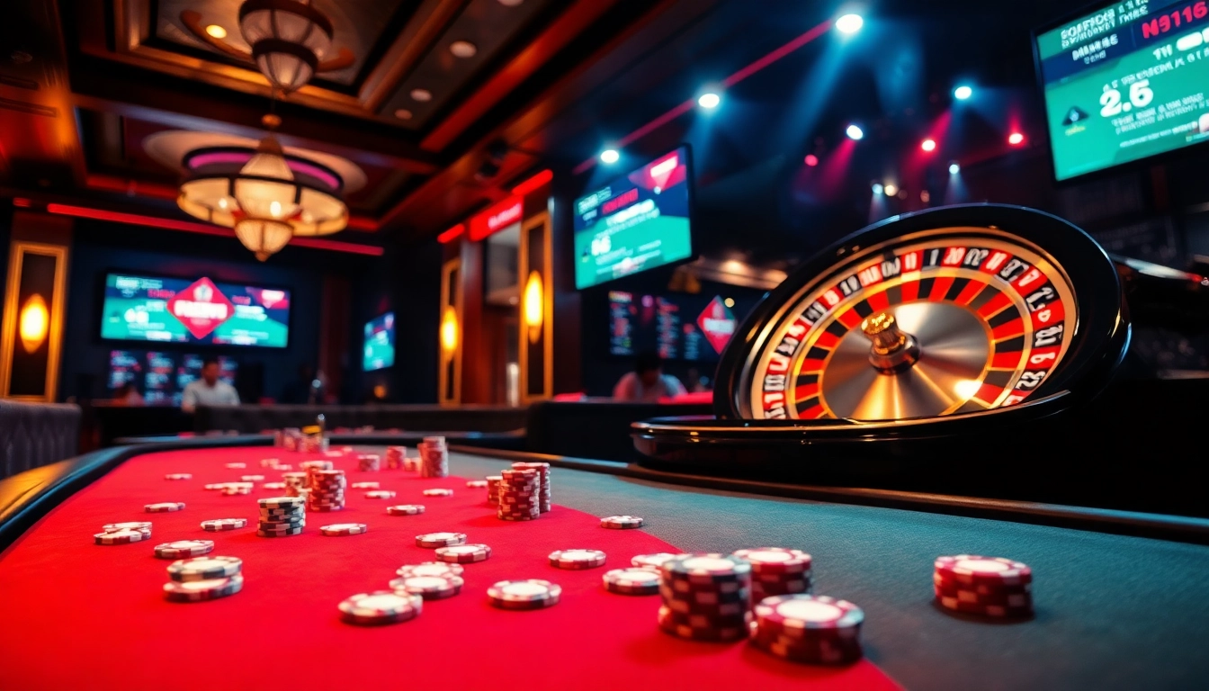 Excitement at the trang chủ Alo789 casino with poker players and roulette wheel in a luxurious setting.