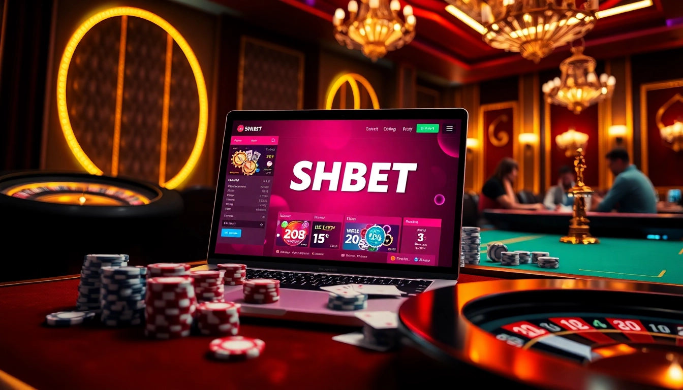 Experience thrilling online gaming at SHBET's luxurious casino interface with poker chips and roulette.