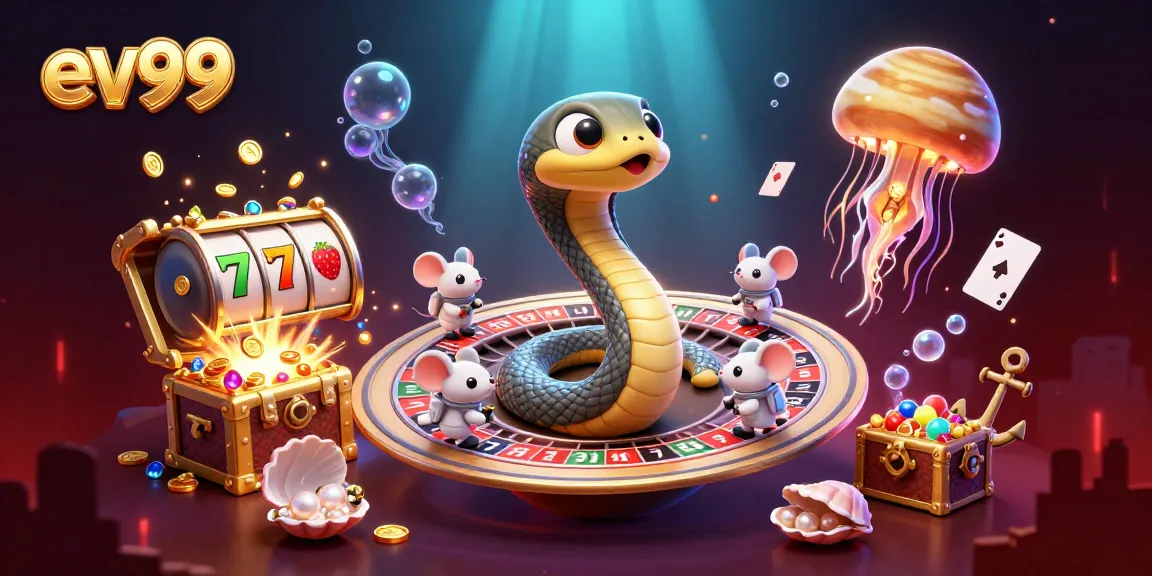 ev99's dynamic casino scene with cartoon elements like roulette wheel and vibrant slot machine details.