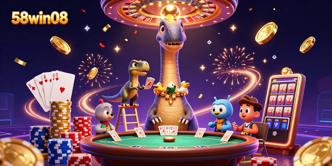 Engage in exciting gameplay at 58win08 with stunning visuals of brontosaurus and raptor casino scene.