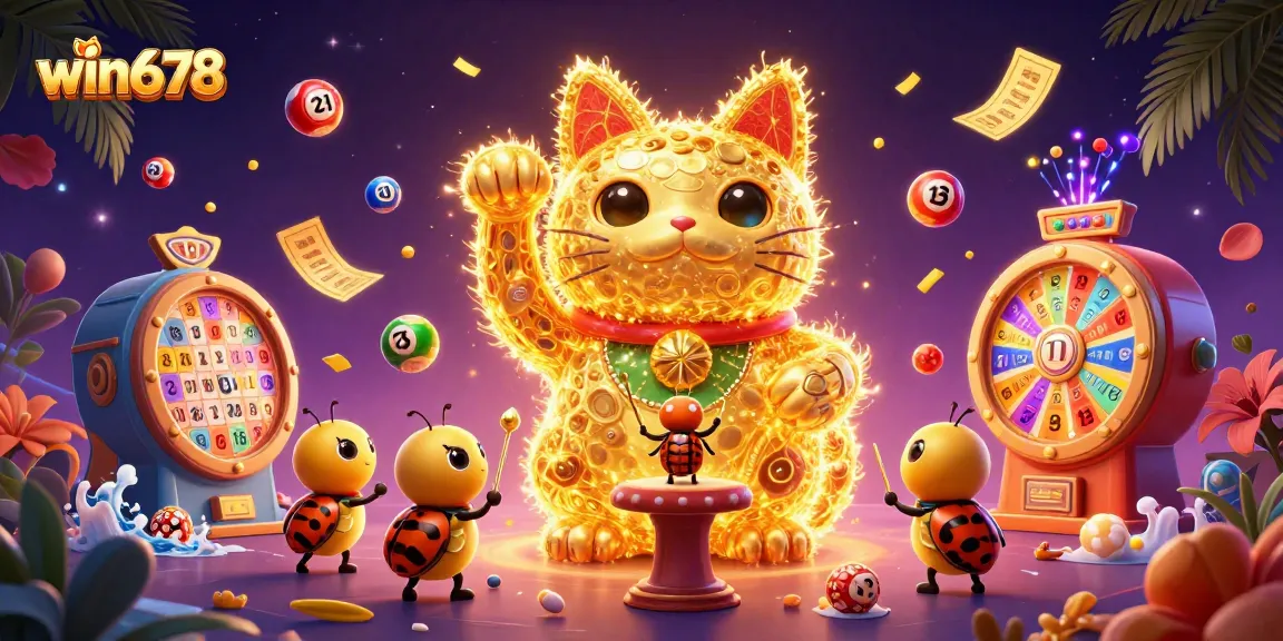 Win678 captures the magic of online gaming with a stunning lucky cat illustration amidst vibrant casino elements.