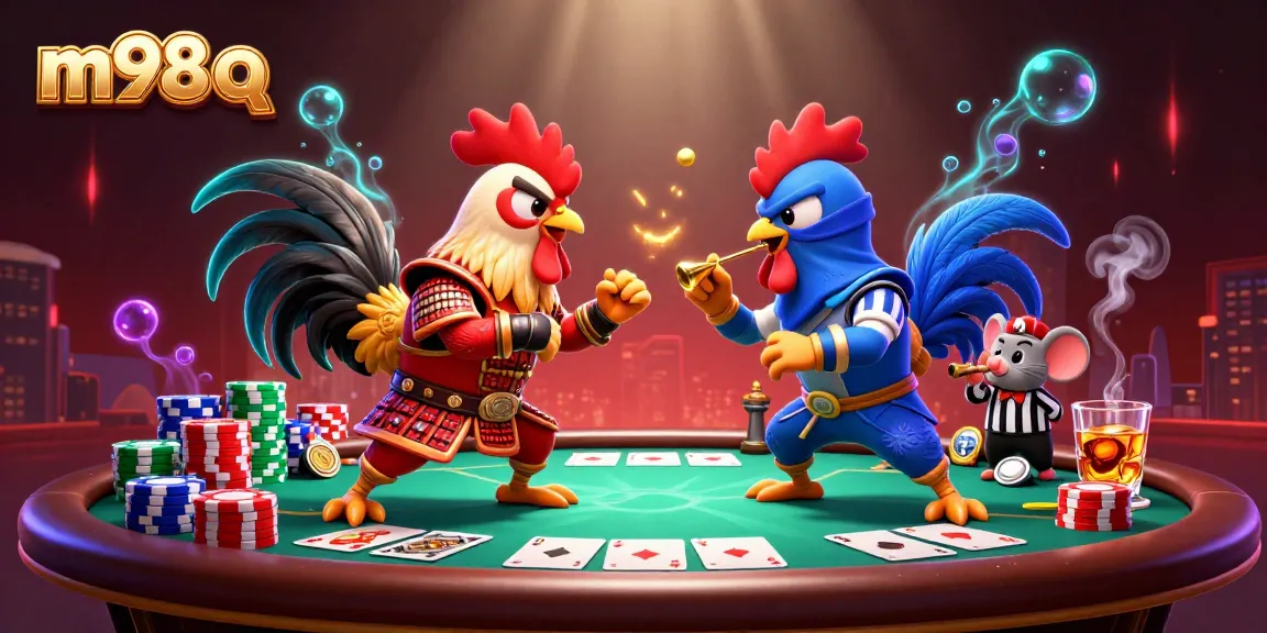 Engage in thrilling rooster battles with m98 q as fierce fighters duel over poker chips and cards.