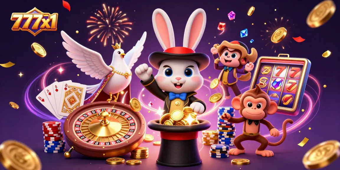 Experience the excitement at 777x1 with our vibrant 3D casino scene showcasing thrilling games and magical wins.