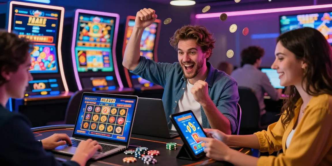 Players enjoying new online casinos in the UK, celebrating wins in a vibrant digital gaming setting.