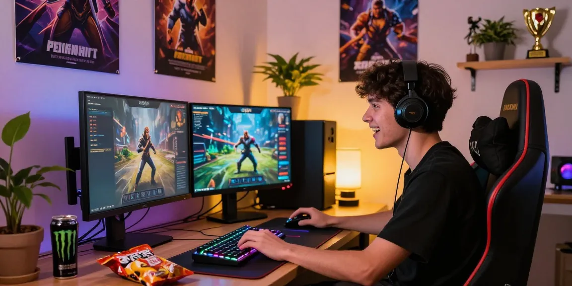 Engaged gamer exploring rokok88 online games in a dynamic setup with dual monitors and colorful gaming equipment.