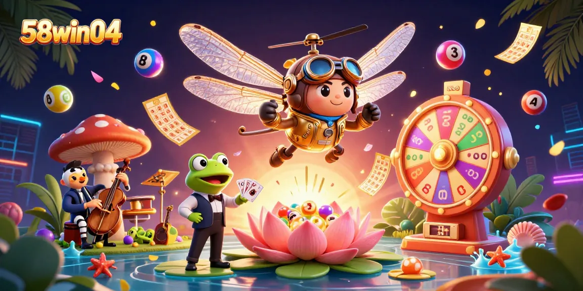 Engage in thrilling games at 58win04 with a vibrant illustration of a casino scene featuring colorful lottery balls and action elements.