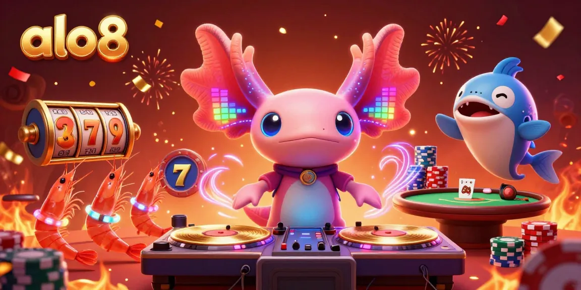 Win big with alo8 in a dynamic 3D casino scene featuring colorful characters and lively game elements.