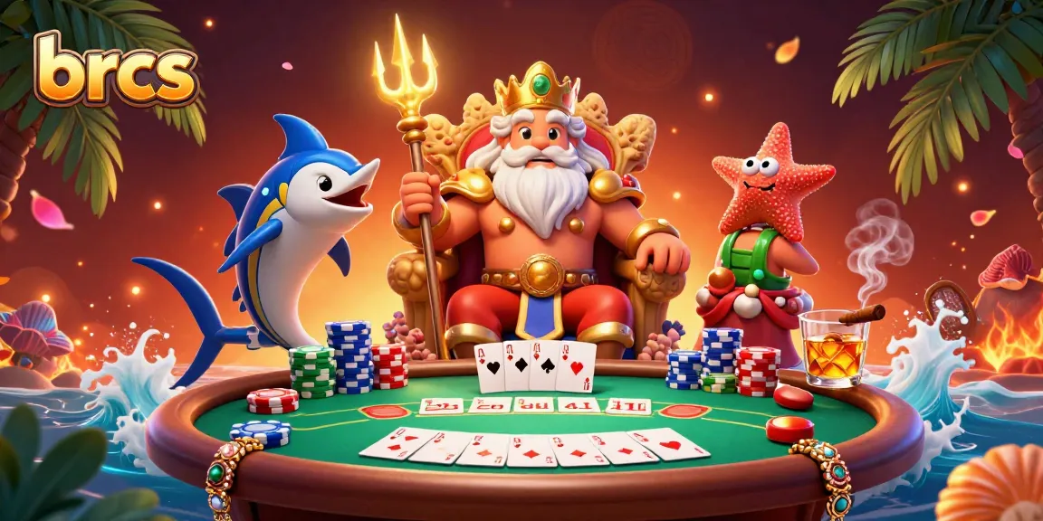 Engage with brcs in a vibrant 3D scene depicting Neptune as he presides over a thrilling poker game packed with excitement.