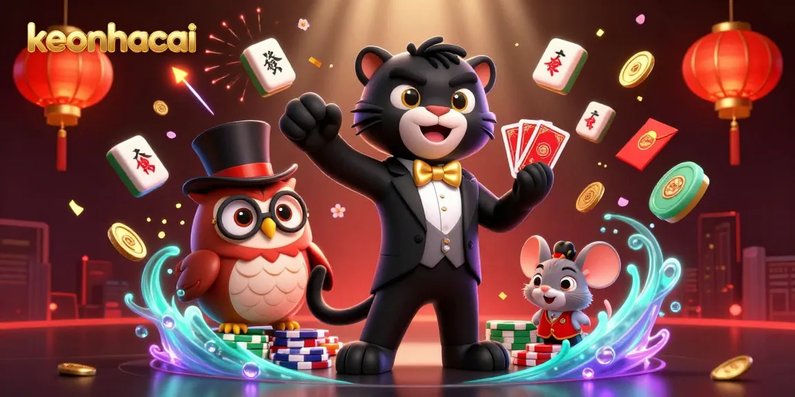 Engage in thrilling action with keonhacai as stylish characters play cards in a vibrant casino scene.