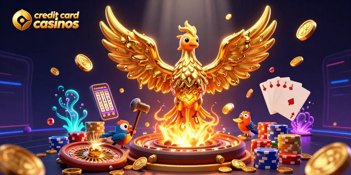 Engage with credit card casinos featuring a mystical phoenix and animated casino elements.
