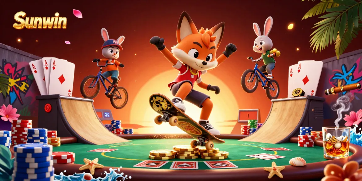 Engage with Sunwin's vibrant casino atmosphere featuring dynamic gaming elements and energetic characters.
