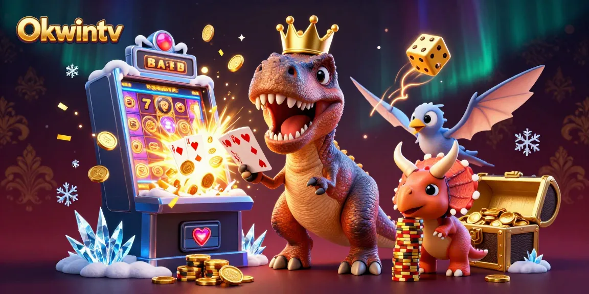 Experience Okwintv's vibrant gaming with a friendly T-Rex and dynamic elements in a packed casino illustration.