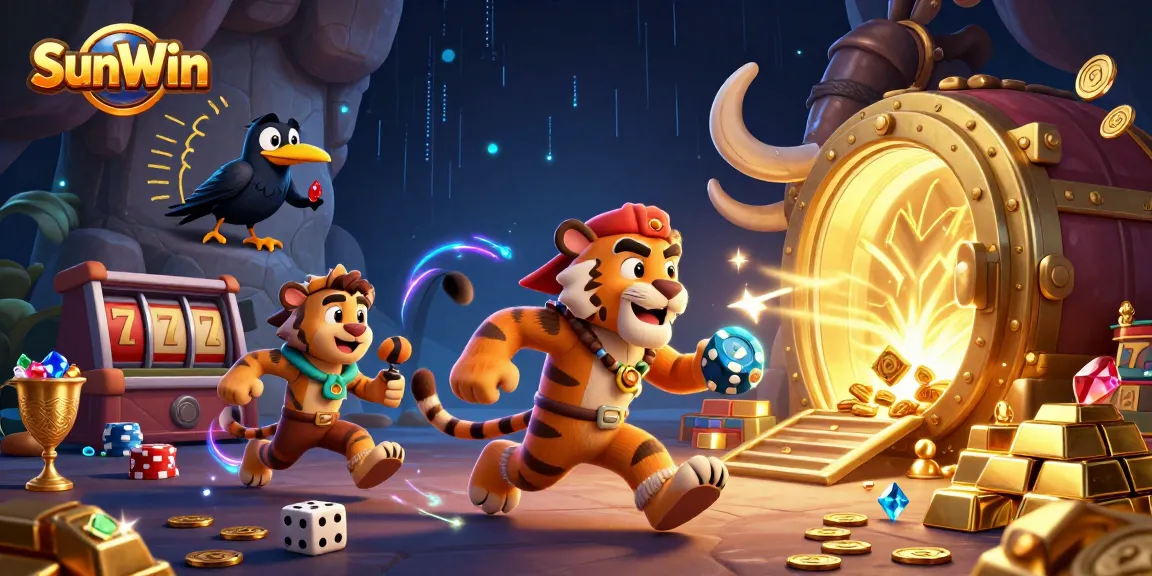 Spin and win at SunWin with vibrant slot machines surrounded by gold treasures and lively characters.
