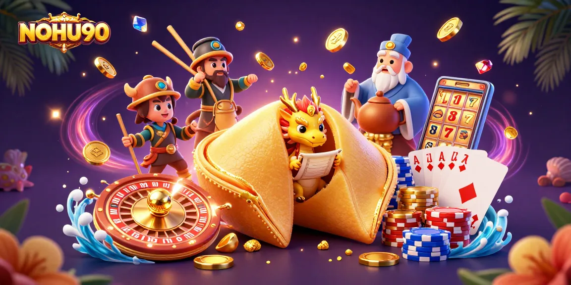 Experience fortune and excitement at NOHU90 with vibrant casino elements and treasures.