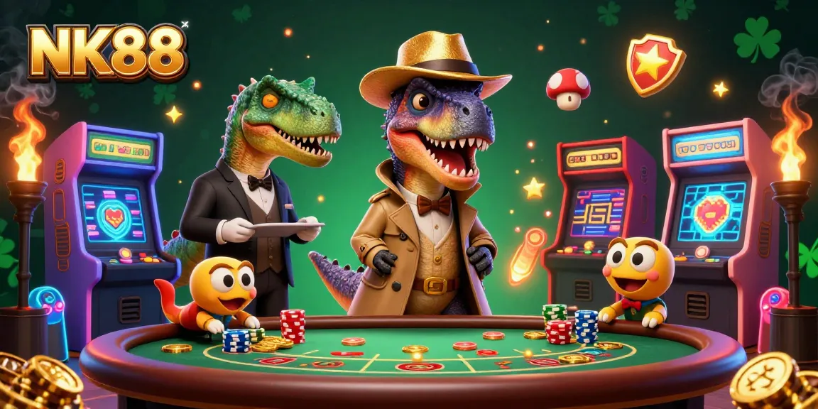 Engage with NK88's thrilling gaming experience featuring velociraptors and dinosaurs at a blackjack table.