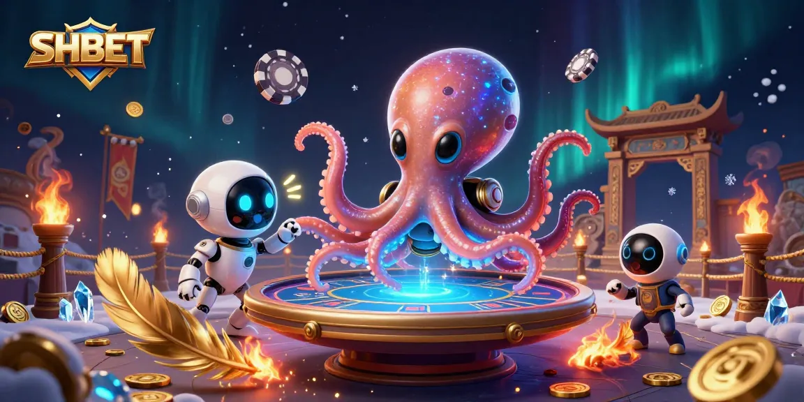 Experience thrilling action at SHBET with a colorful 3D alien octopus gambling scene featuring exciting poker elements.