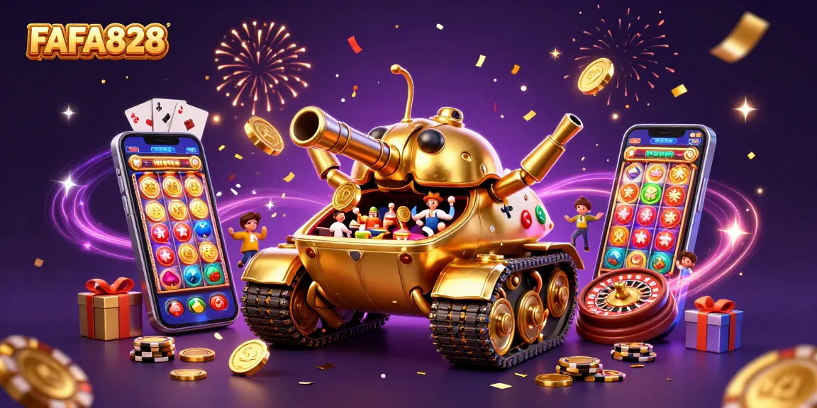 Experience legendary wins with the FAFA828 jackpot scene featuring a golden beetle tank and vibrant casino elements.