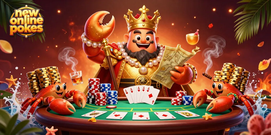 Experience the excitement of new online pokies with a vibrant scene of a golden crab emperor leading the way in a poker game.