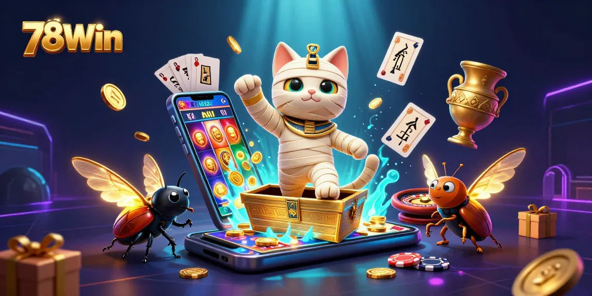 Experience 78Win's explosive excitement with an Egyptian mummy cat in a vibrant casino scene.