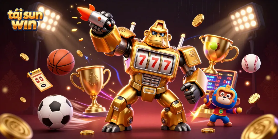 Experience the thrill of tải sun win with a dynamic 3D gorilla mech surrounded by sports betting excitement.